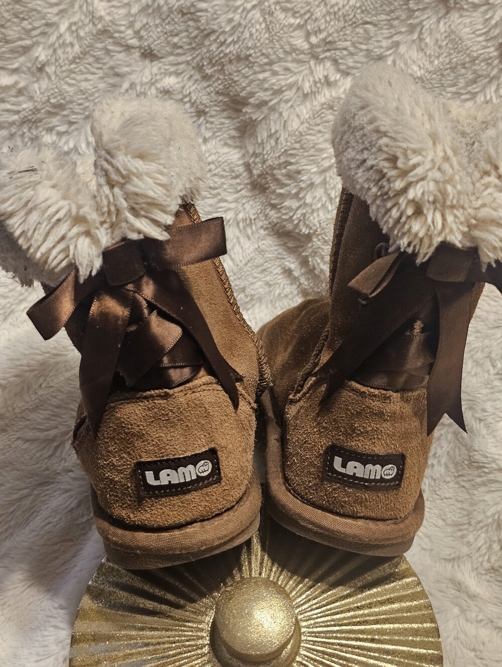 Kids Brown Faux-Shearling Booties with Ribbon- Size  2Youth